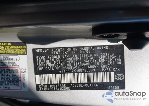 2006 Toyota Camry Le z USA, uszkodzony, nr VIN 4T1BE32K16U736369